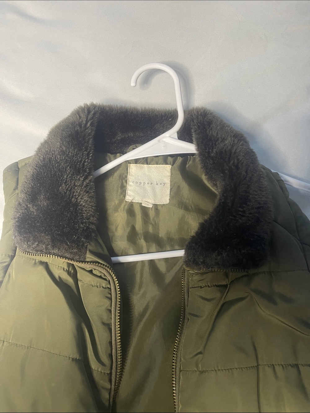 Copper Key Olive Green Girls' Puffer Jacket with Dark Faux Fur Collar